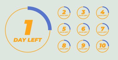 Sol Rozetler ve Etiketler. Sayım zamanı indirimi. Geriye kalan gün sayısı. Geri sayım sol gün pankartı. Vektör sancak şablonunu say. Dokuz, sekiz, yedi, altı, beş, dört, üç, iki, bir, sıfır gün kaldı.