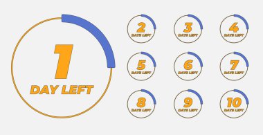 Sol Rozetler ve Etiketler. Sayım zamanı indirimi. Geriye kalan gün sayısı. Geri sayım sol gün pankartı. Vektör sancak şablonunu say. Dokuz, sekiz, yedi, altı, beş, dört, üç, iki, bir, sıfır gün kaldı.