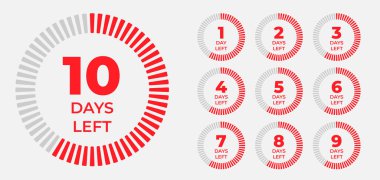 Sol Rozetler ve Etiketler. Sayım zamanı indirimi. Geriye kalan gün sayısı. Geri sayım sol gün pankartı. Vektör sancak şablonunu say. Dokuz, sekiz, yedi, altı, beş, dört, üç, iki, bir, sıfır gün kaldı.
