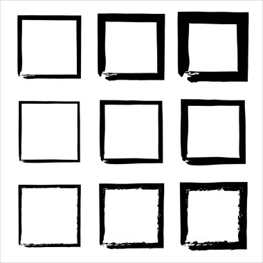Grunge Square seti. Siyah kare kenarlıklar. Grunge tarzı kare şekiller. Huysuz eski doku. El çizimi fırça darbeleri