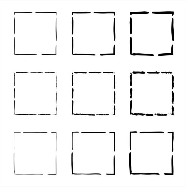 手绘画框黑色正方形边界 一组磨擦方块 手绘笔划 矢量说明 — 图库矢量图片