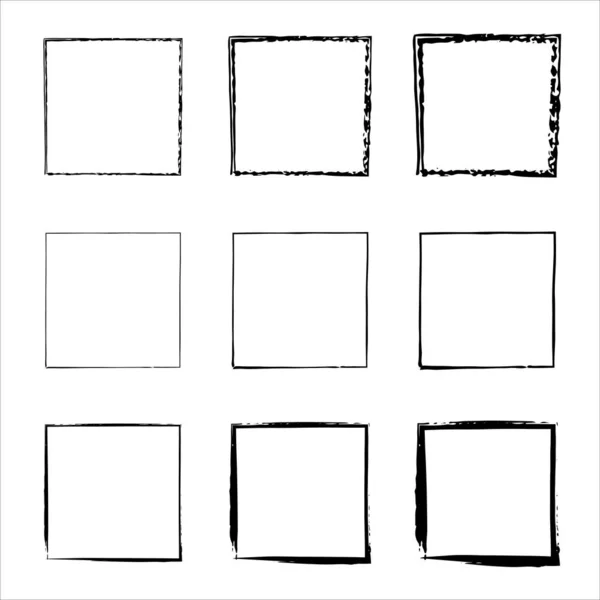 收集正方形黑色手绘画框 边界设置 一套设计元素 脆弱的旧质感手绘笔划 — 图库矢量图片