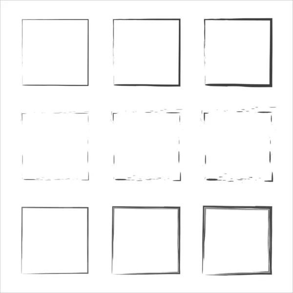 一组磨擦方块 黑色正方形边界 一组磨擦方块 矢量黑色涂成正方形 肮脏的磨擦式设计框架 — 图库矢量图片