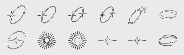 Y2K elementlerinin toplanması. Büyük bir soyut grafik geometrik nesne koleksiyonu. Soyut Bauhaus ve Boho kozmik tarzı. Minimalist doğrusal form. Vektör illüstrasyonu