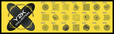 Tasarım için geçmişe dönük gelecek elementler. Büyük bir soyut grafik geometrik nesne koleksiyonu. Y-2k tarzında nesneler. 80 'lerin stili. Vektör illüstrasyonu
