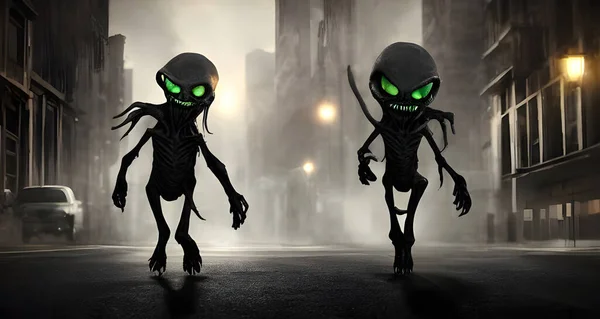 Aliens Walking Dark Dangerous Street Monsters — стоковое фото