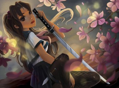 Sakura 'nın arka planında katana olan liseli kız.