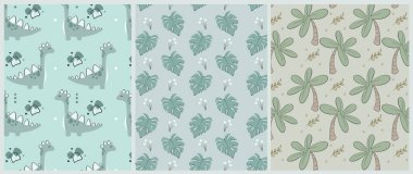 Taç yapraklı dinozorlar, yumuşak renklerde orman, kumaş, kartpostal, düzen için ideal yapraklı palmiye ağaçları..