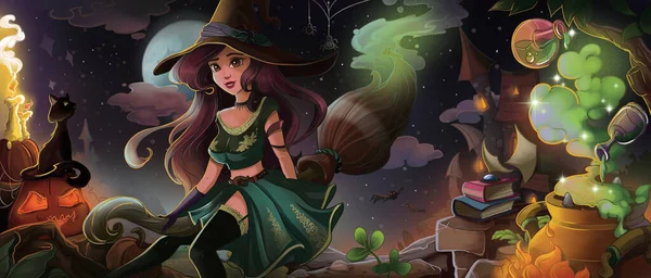 Illustration of fairy tale witch with a cauldron and magic wand on a green background