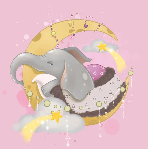 Den Lilla Elefanten Sover Månen Barnmode Barngrafik För Tapeter Och — Stockfoto