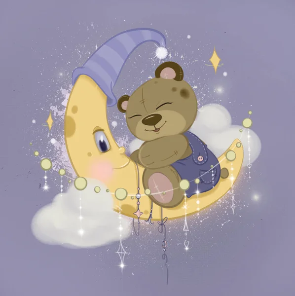 Little Bear Sleeps Moon Kids Fashion Kids Graphics Wallpapers Prints — Stock Photo, Image