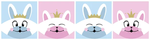 Childish print for greeting cards, cards, cups. White cat rabbit head rabbit oval line icons set. Cute cartoon funny character. Valentine\'s Day. Flat design. blue pink background