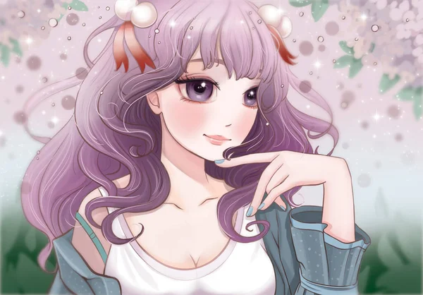 Beautiful anime art girl with flowers