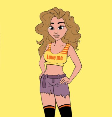 Yazlık kıyafetlerle poz veren güzel genç kadın, vektör sanatı..