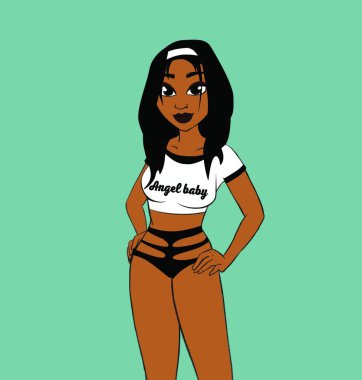 Siyah mayo giyen güzel bir Afrikalı kadın ve izole edilmiş mavi arka planda büyük beyaz bir gömlek.