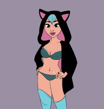 Siyah mayo giymiş seksi bir kız, büyük gülümsemeli bir dövme stili, resimli.