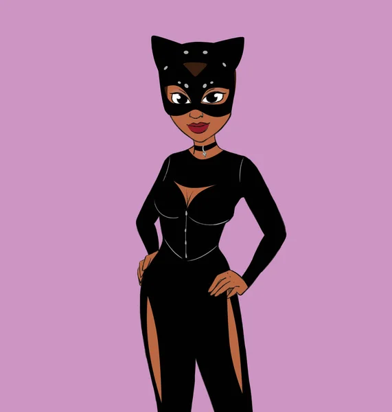 Black Silhouette Woman Halloween Girl Cat Cartoon Illustration — Stock Photo, Image