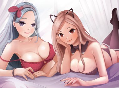 Duvar kağıdında iç çamaşırlı iki seksi anime kız.