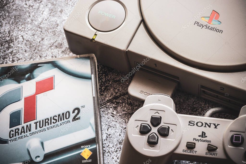 Barcelona, July 24, 2022 Old PlayStation console by Sony Entertainment. Illustrative, editorial.