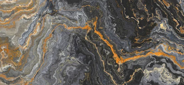 Black onyx marble pattern with curly orange veins. Abstract texture and background. 2D illustration