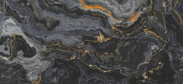 Black onyx marble pattern with curly orange veins. Abstract texture and background. 2D illustration