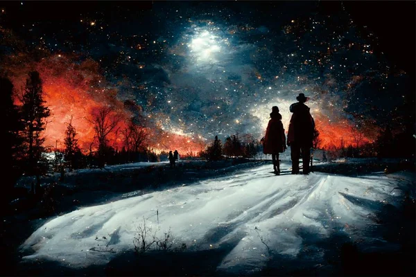 silhouette of a couple on the background of the starry sky with a star