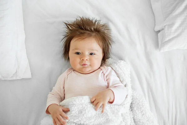 Baby Months Old Beautiful Newborn Baby Girl Lies White Sheet — Stock Photo, Image