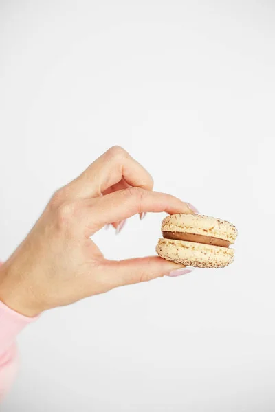 Delicious Sweet Macaroon Female Hands French Macaroons — Stockfoto