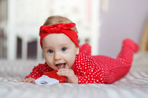 Happy Kid Lies Bed Stomach Toddler Girl Smiling — Stock Fotó