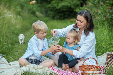 İki çocuklu bir anne piknikte vakit geçirir. Tazeleyici içecek. Piknik sepeti. Aile zamanı..