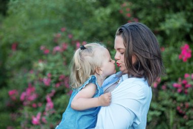 Arka planda pembe çiçekler olan çalılar. İlkbaharda parkta dinlen. Aile zamanı. Birlikte vakit geçirin. Yaz mevsimi.