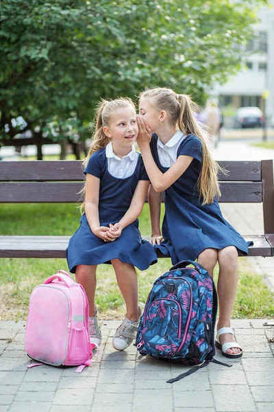 Two Children Schoolchildren Tell Secrets Bench Girls Backpacks Concept Back — 스톡 사진