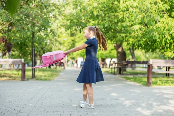 Schoolgirl Goes School Twirls Backpack Children Having Fun Concept Back — 스톡 사진