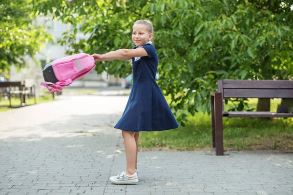 Schoolgirl Goes School Twirls Backpack Children Having Fun Concept Back — Stock fotografie