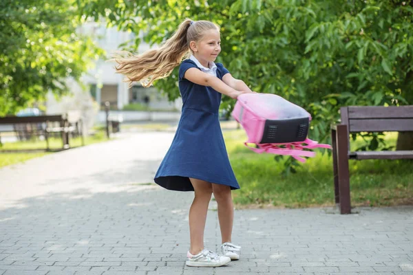 Schoolgirl Goes School Twirls Backpack Children Having Fun Concept Back — 스톡 사진