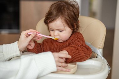 Bebekler için lezzetli balkabağı ve elma püresi. Kahverengi kazaklı küçük kız. Bebek bakıcısı yeni doğmuş küçük bebeği mutfakta besliyor..