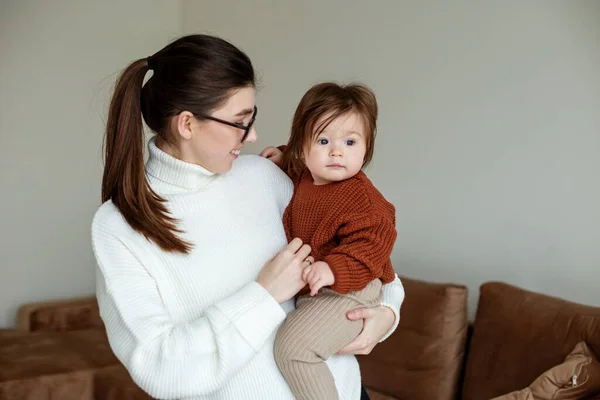 Baby Girl Months Old Brown Knitted Sweater Woman Eyeglasses Room — Stockfoto