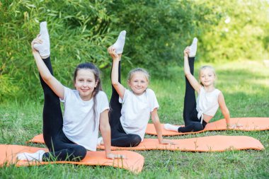 Group of children are doing exercises and stretching in nature using sports mats. Workout with gymnastics or aerobics or dance. Healthy lifestyle