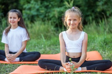 Group of children are doing exercises and stretching in nature using sports mats. Workout with gymnastics or aerobics or dance. Healthy lifestyle