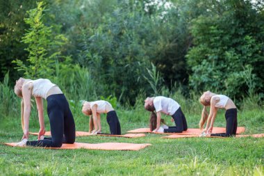 Group of children are doing exercises and stretching in nature using sports mats. Workout with gymnastics or aerobics or dance. Healthy lifestyle