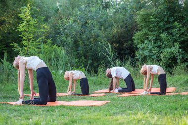 Group of children are doing exercises and stretching in nature using sports mats. Workout with gymnastics or aerobics or dance. Healthy lifestyle