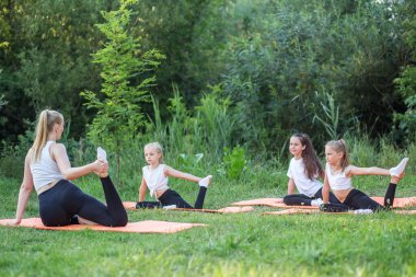 Group of children are doing exercises and stretching in nature using sports mats. Workout with gymnastics or aerobics or dance. Healthy lifestyle
