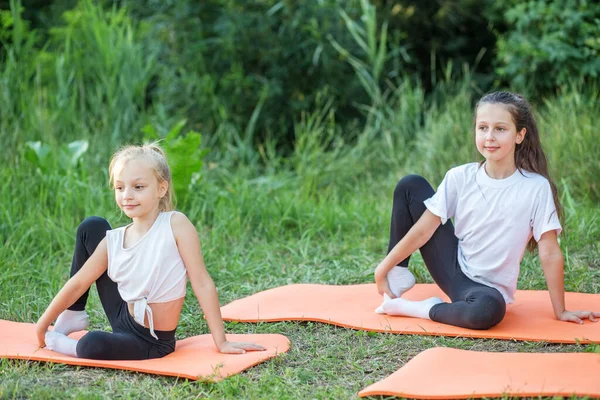 Group Children Doing Exercises Stretching Nature Using Sports Mats Workout — Foto de Stock