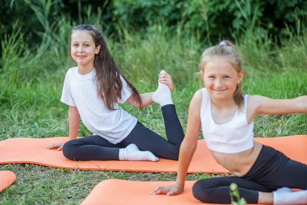 Group Children Doing Exercises Stretching Nature Using Sports Mats Workout — Foto de Stock