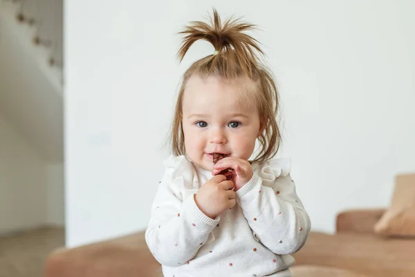 Little Baby Toddler Eats Sweet Healthy Fruit Paste Rolls Fruit — Stock Fotó