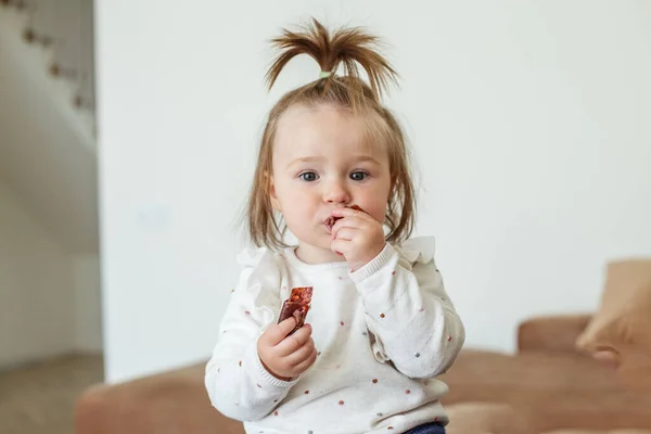 Little Baby Toddler Eats Sweet Healthy Fruit Paste Rolls Fruit — ストック写真