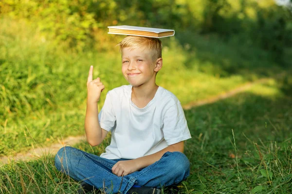Child boy with book. Having fun. Little schoolboy fooling around in park, holding book on head. Concept of back to school, learning.