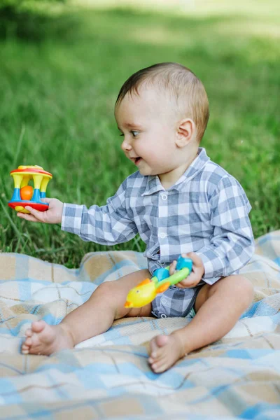 Beautiful Joyful Funny Baby Sitting Blanket Toddler Plays Toy Concept — Foto de Stock