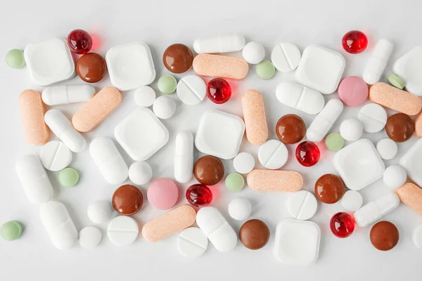 Many Different Pills White Background Copy Space Top View Concept — Foto Stock