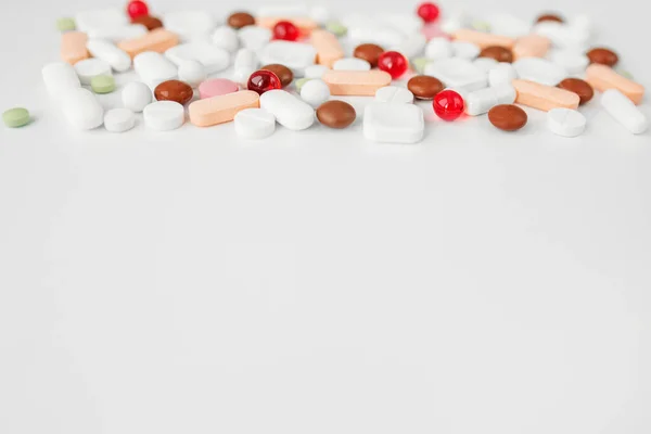 Many Different Pills White Background Copy Space Concept Pharmaceuticals Medicine — Foto Stock